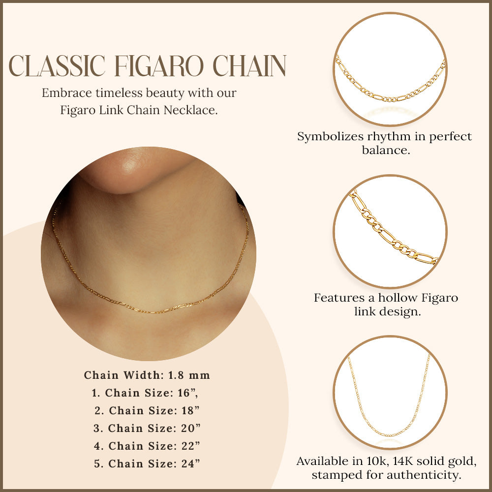 1.8 mm Hollow Gold Figaro Link Chain Necklace, view 3