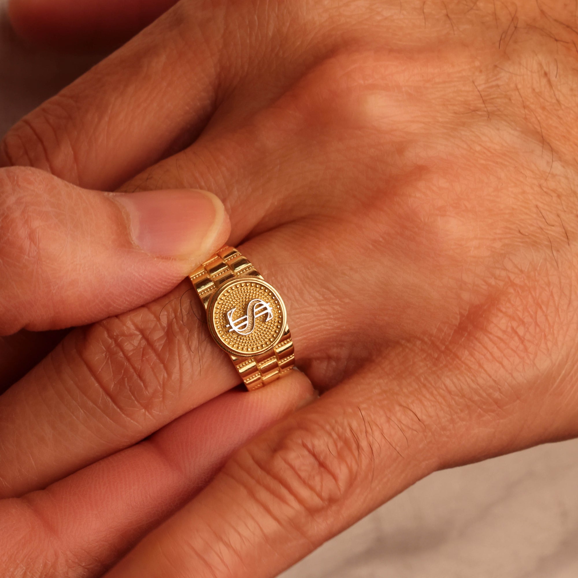 10K/14K Men's Yellow Gold Dollar Symbol Signet Ring, view 2
