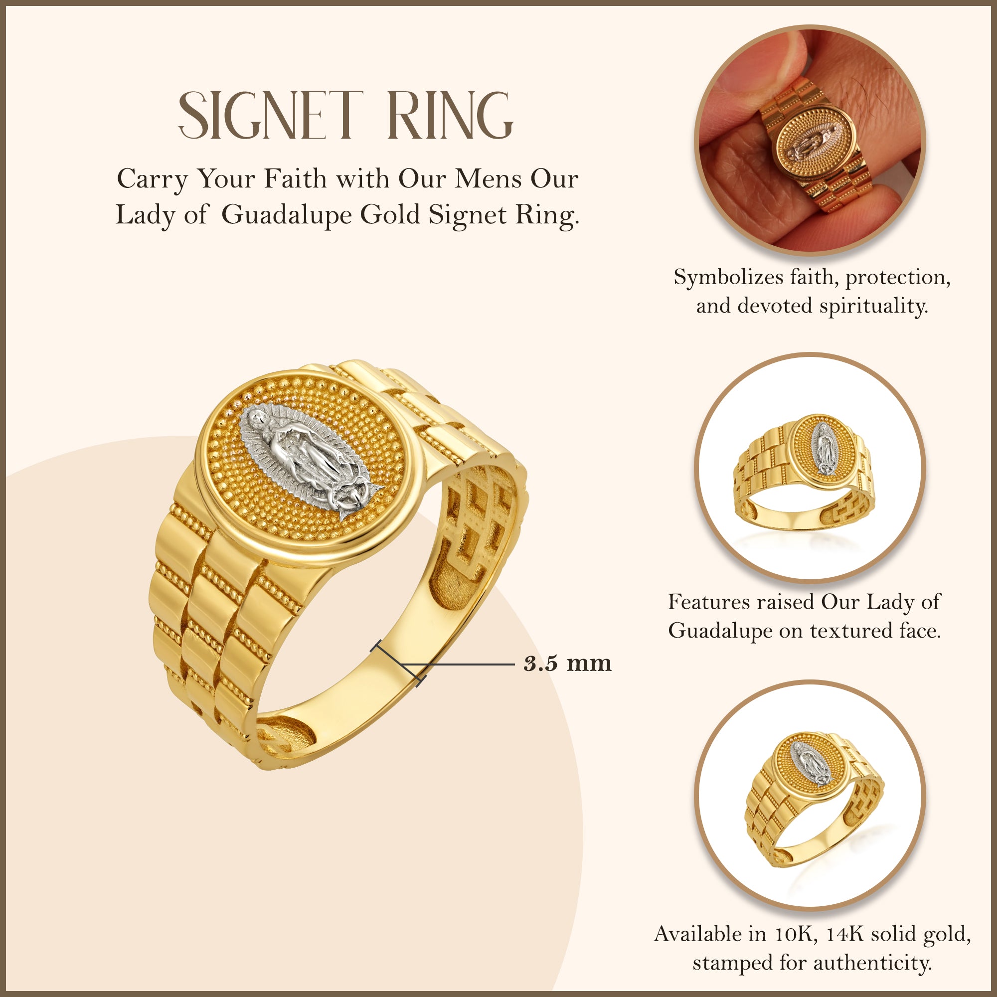 10K/14K Men's Yellow Gold Our Lady of Guadalupe Signet Ring, view 3