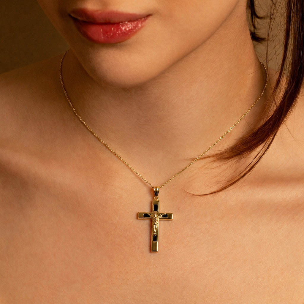 10K/14K Yellow Gold Black Onyx Cross Crucifix Pendant Necklace, view 2
