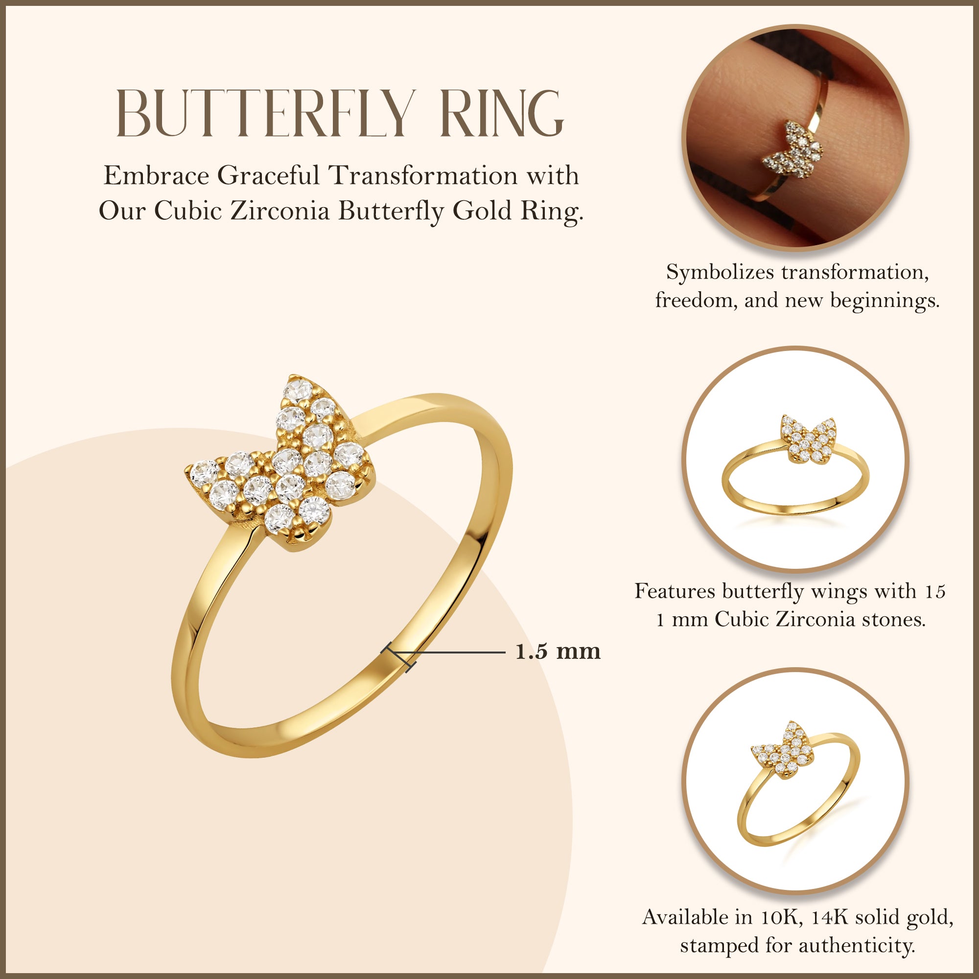 10K/14K Yellow Gold CZ Butterfly Ring, view 3