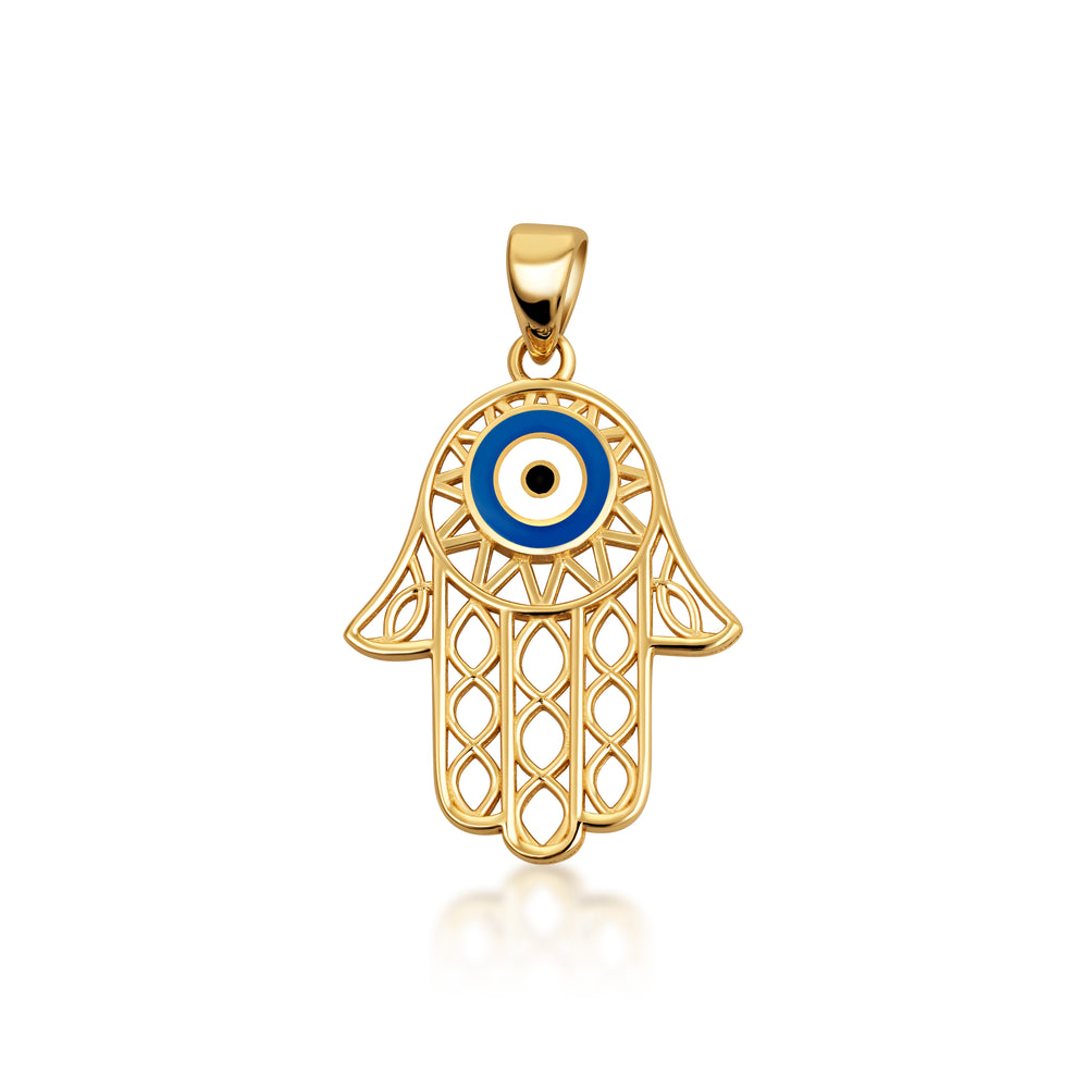 10K/14K Yellow Gold Enamel Evil Eye Hamsa Pendant Necklace