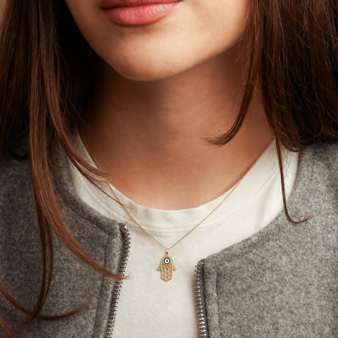 10K/14K Yellow Gold Enamel Evil Eye Hamsa Pendant Necklace, view 2