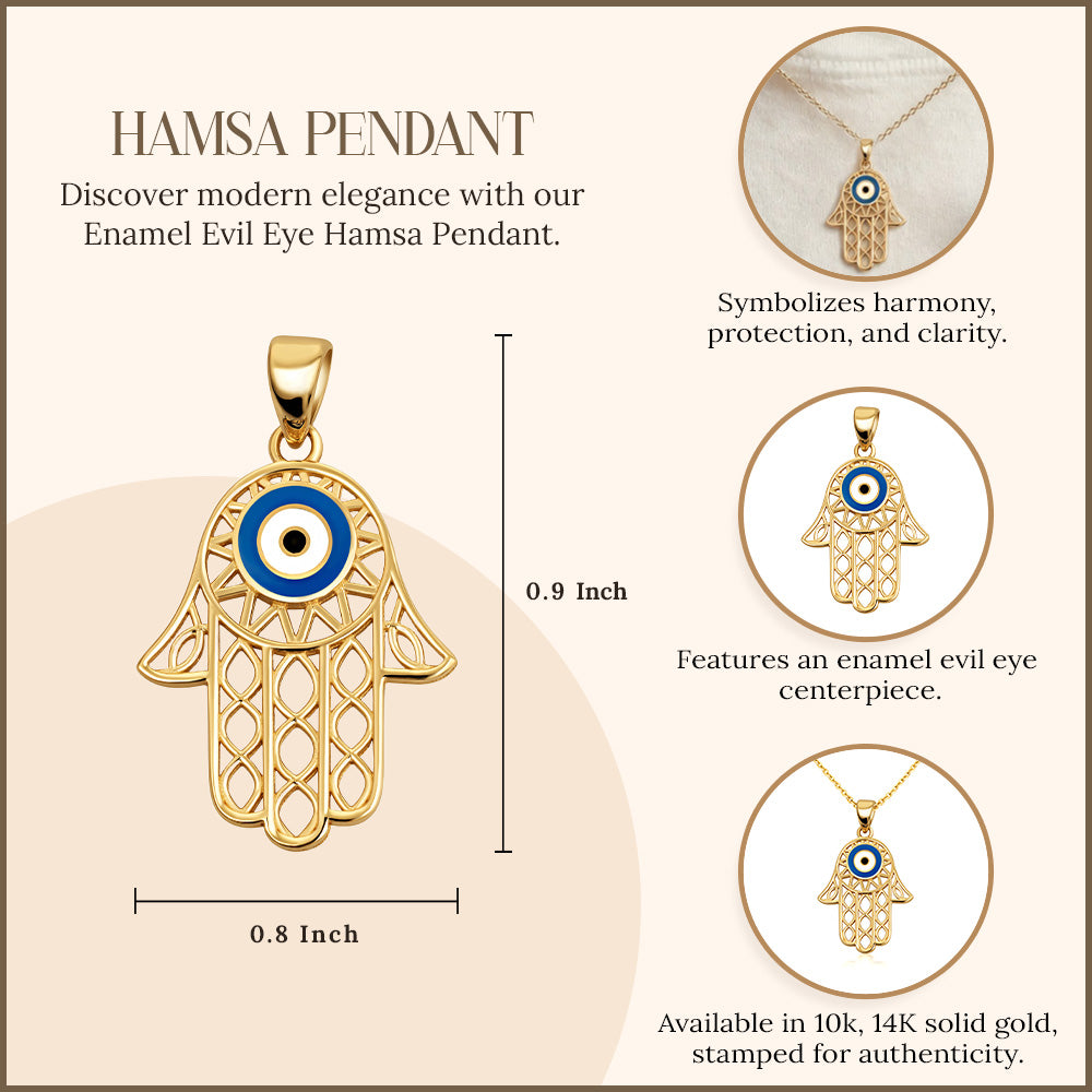 10K/14K Yellow Gold Enamel Evil Eye Hamsa Pendant Necklace, view 3
