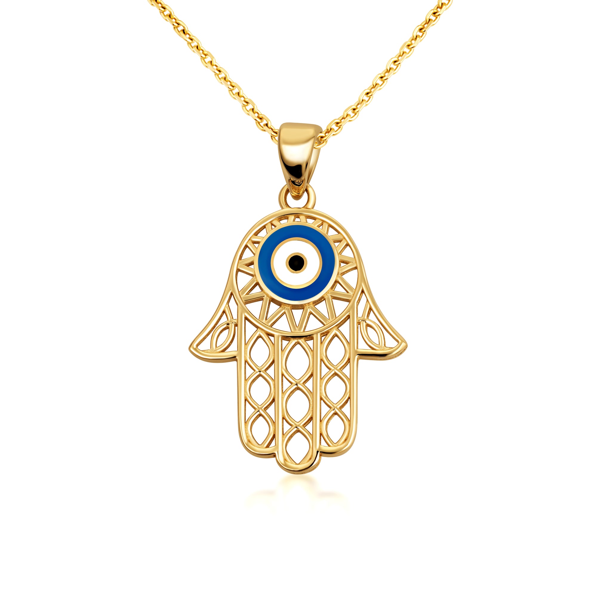 10K/14K Yellow Gold Enamel Evil Eye Hamsa Pendant Necklace, view 4