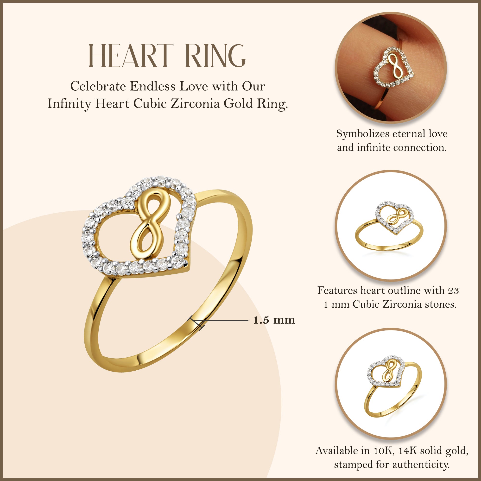 10K/14K Yellow Gold Infinity Heart Ring, view 3