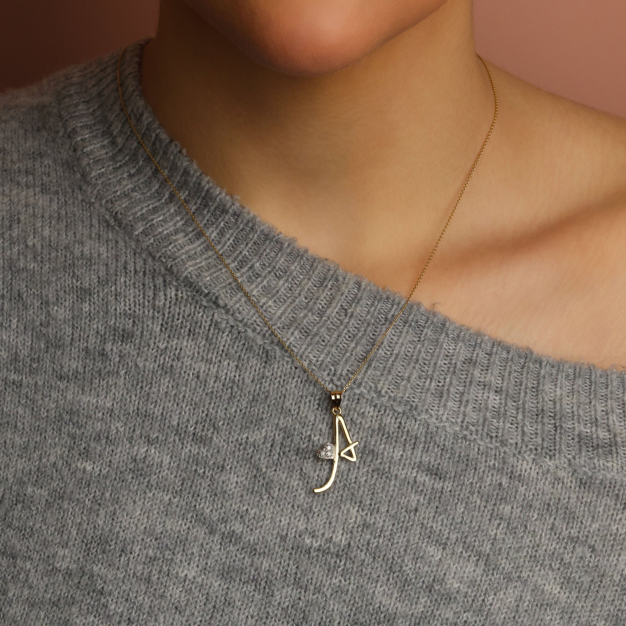 10K/14K Yellow Gold Lab-Grown Diamond Heart Accent "A-Z" Initial Pendant Necklace, view 2