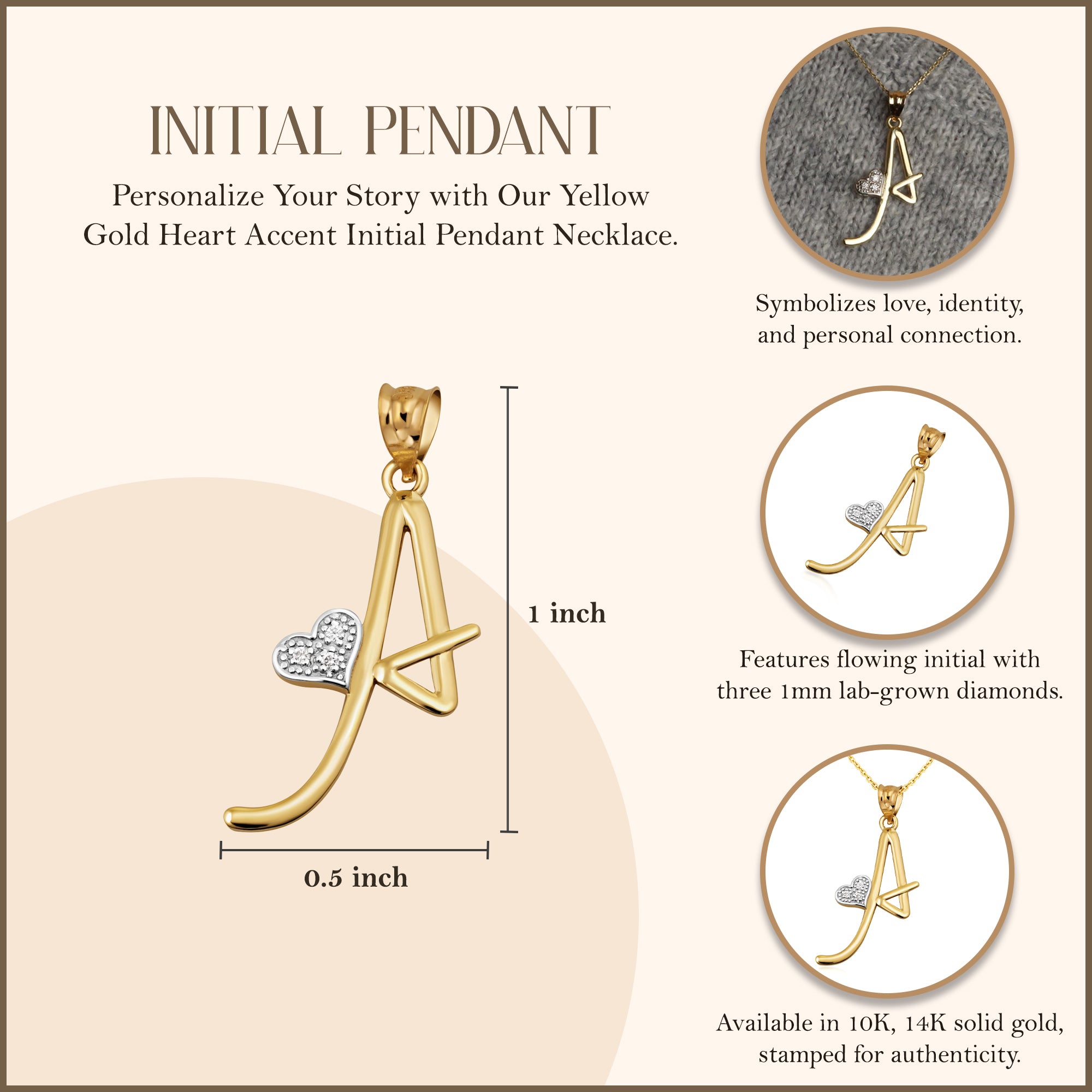 10K/14K Yellow Gold Lab-Grown Diamond Heart Accent "A-Z" Initial Pendant Necklace, view 3