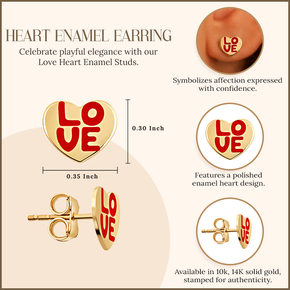 10K/14K Yellow Gold Love Heart Enamel Studs, view 3