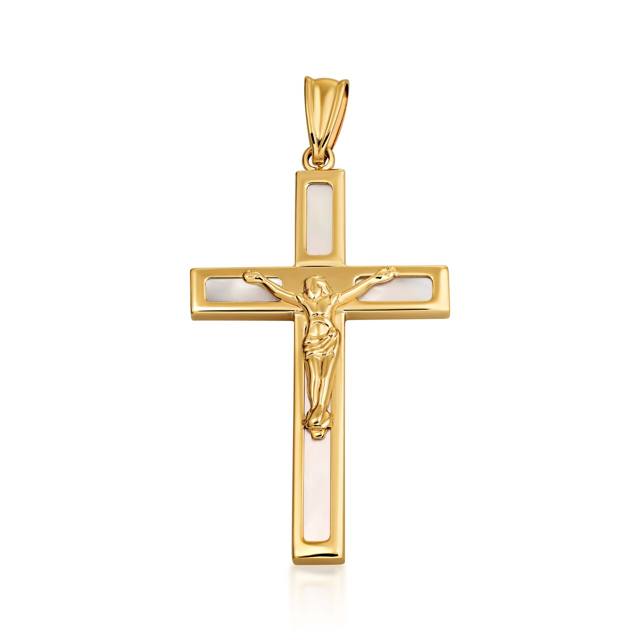 10K/14K Yellow Gold Mother of Pearl Cross Crucifix Pendant Necklace