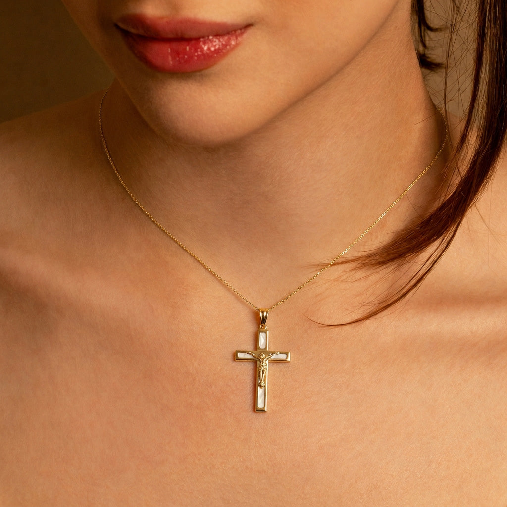 10K/14K Yellow Gold Mother of Pearl Cross Crucifix Pendant Necklace, view 2