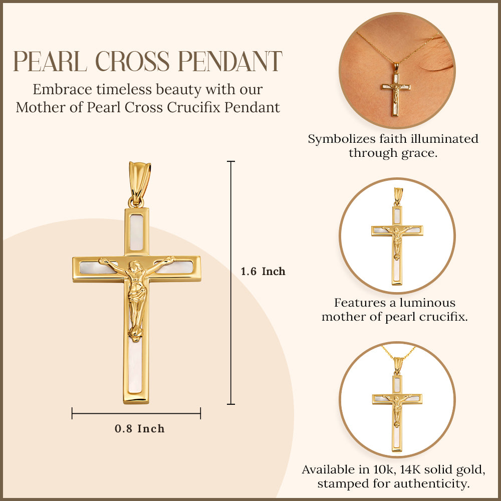 10K/14K Yellow Gold Mother of Pearl Cross Crucifix Pendant Necklace, view 3