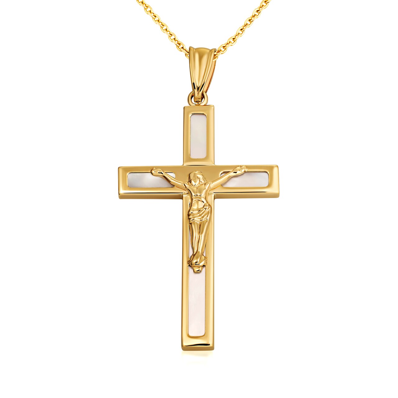10K/14K Yellow Gold Mother of Pearl Cross Crucifix Pendant Necklace, view 4