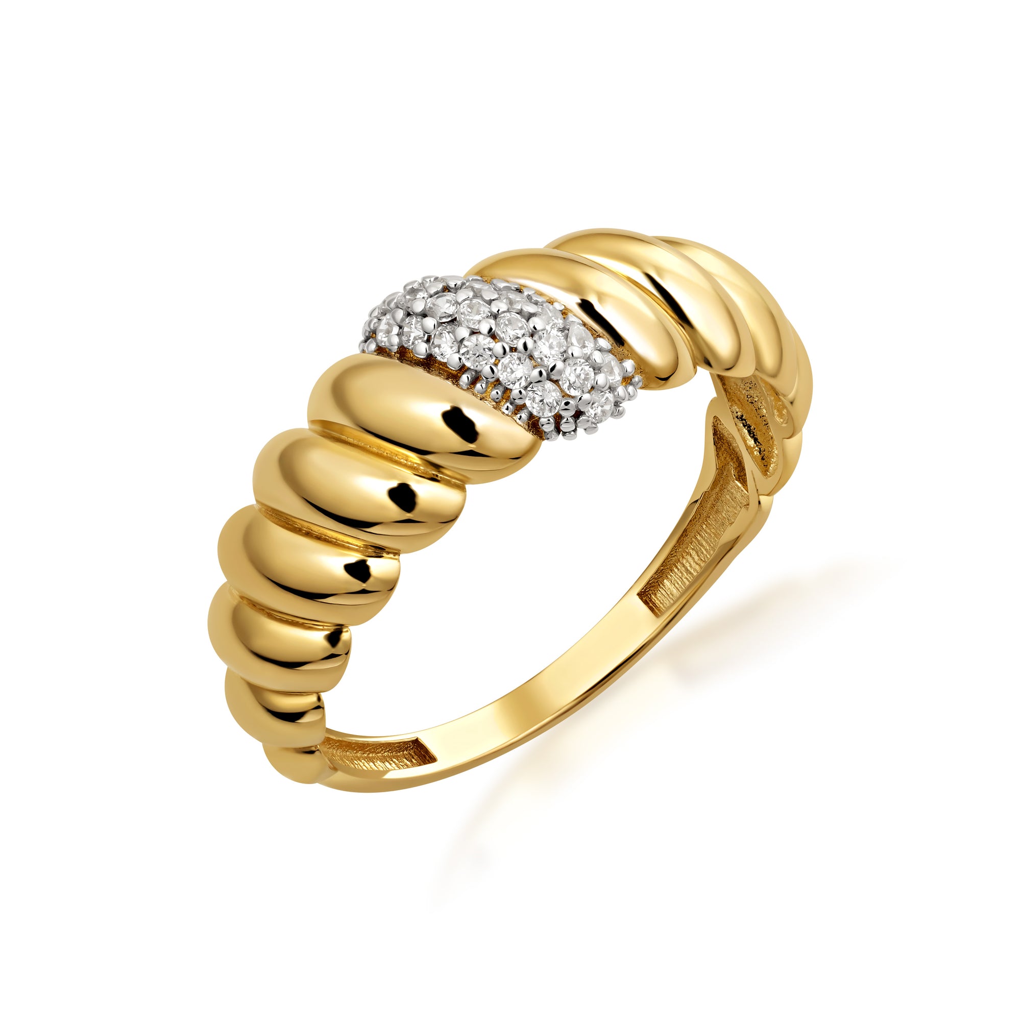 10K/14K Yellow Gold Ribbed Band with Pave CZ Accent Ring