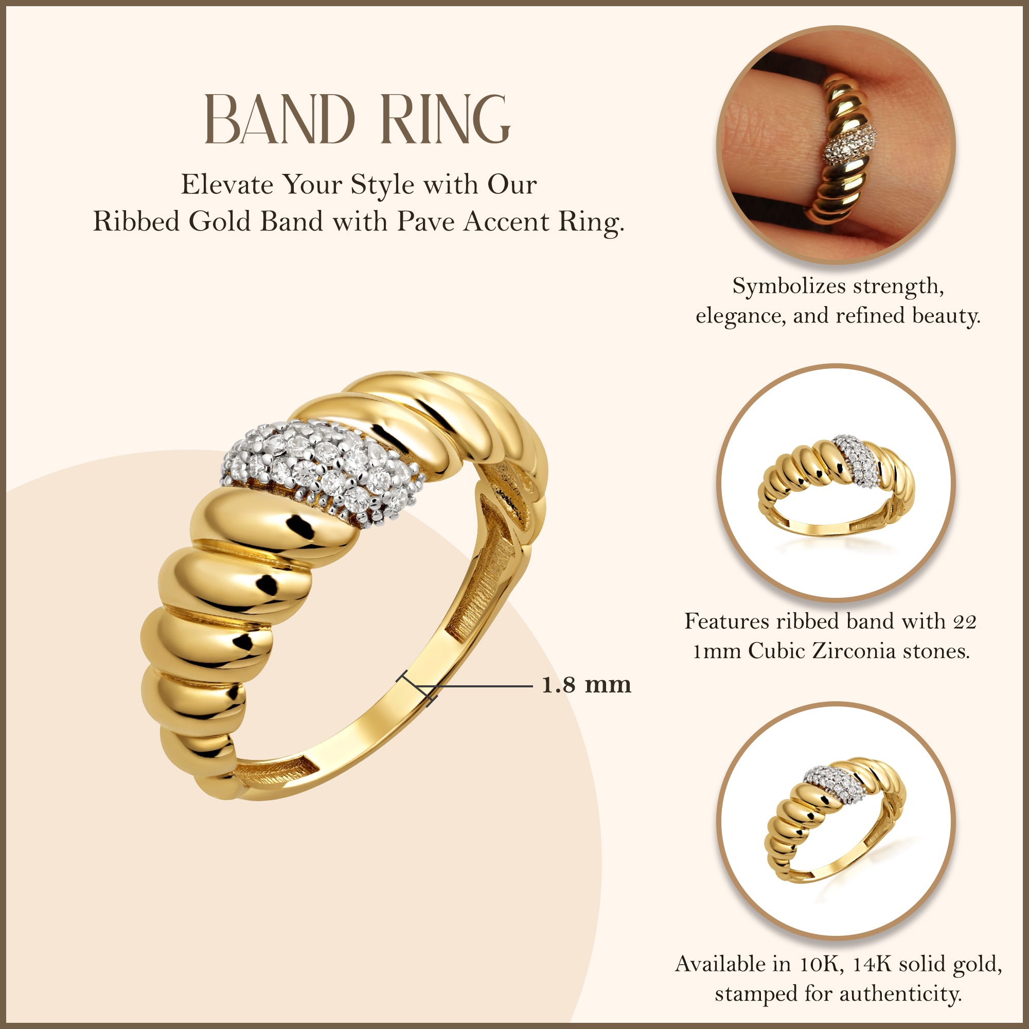 10K/14K Yellow Gold Ribbed Band with Pave CZ Accent Ring, view 3