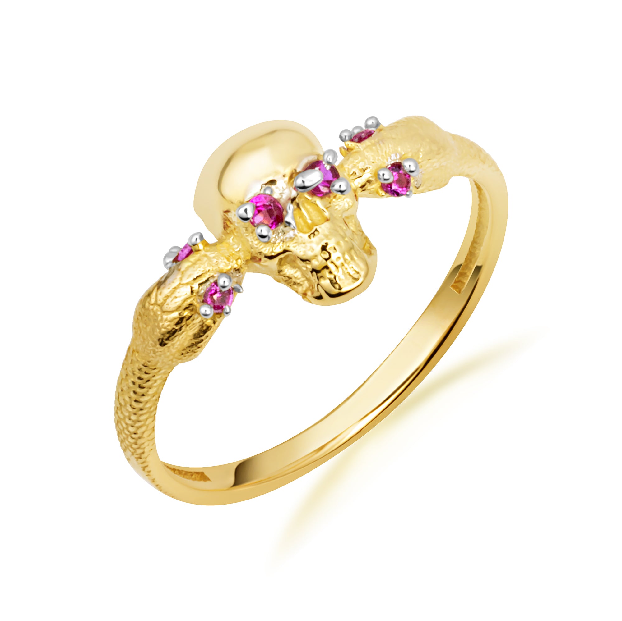 10K/14K Yellow Gold Skull Ring with Red Cubic Zirconia