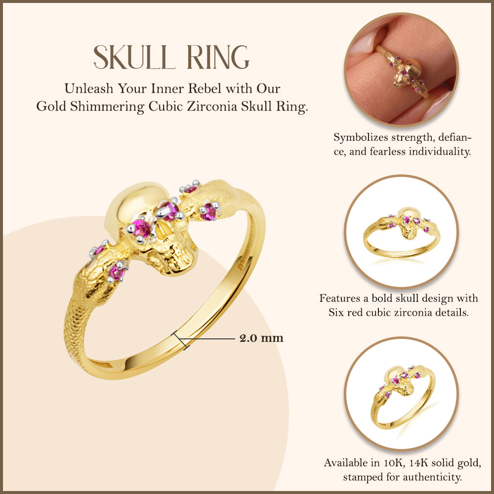 10K/14K Yellow Gold Skull Ring with Red Cubic Zirconia, view 3