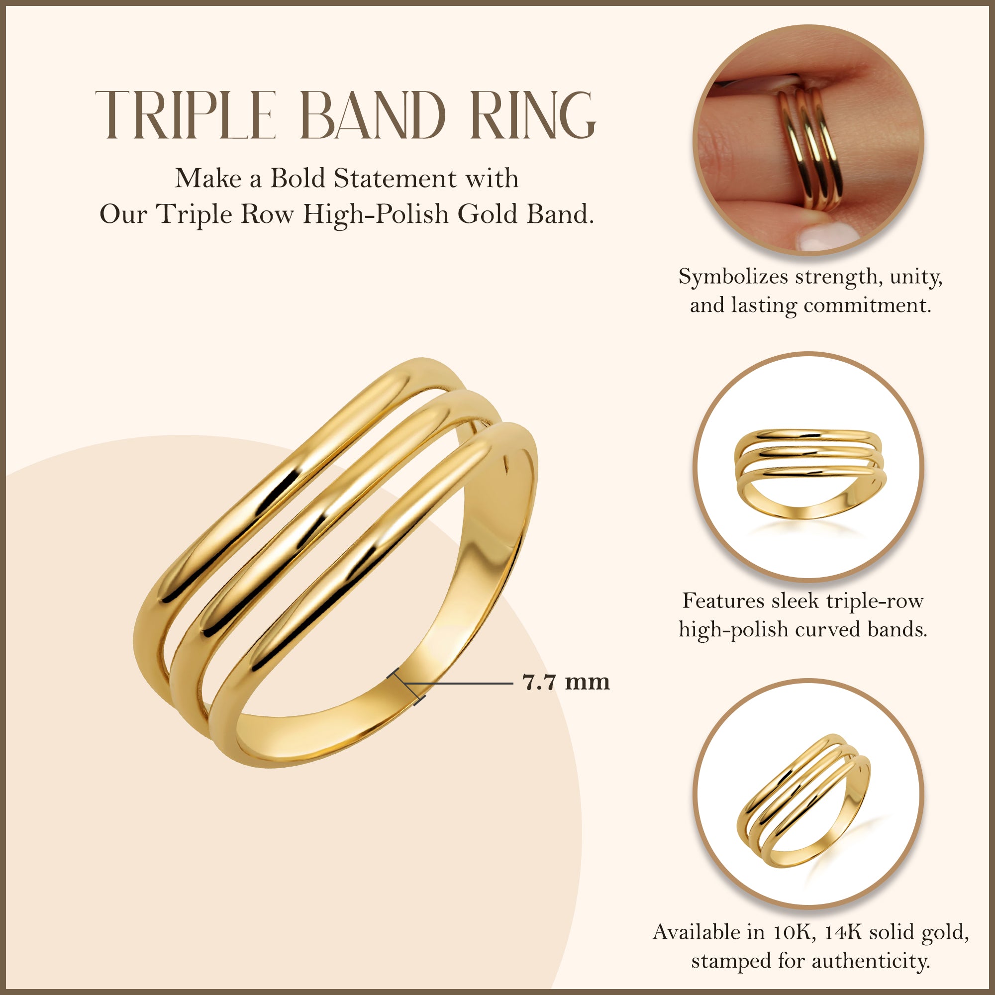 10K/14K Yellow Gold Triple Row High-Polish Band, view 3