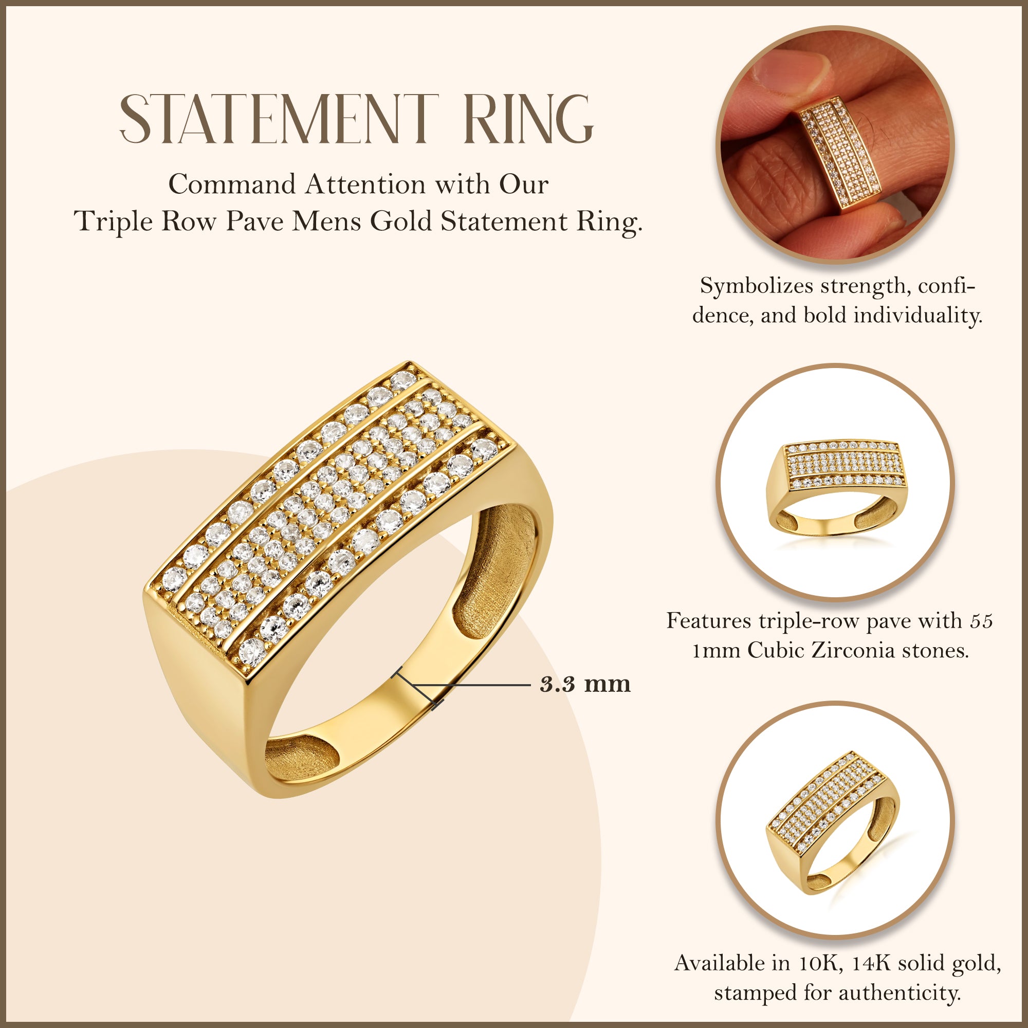 10K/14K Yellow Gold Triple Row Pave Men's Statement Ring, view 3