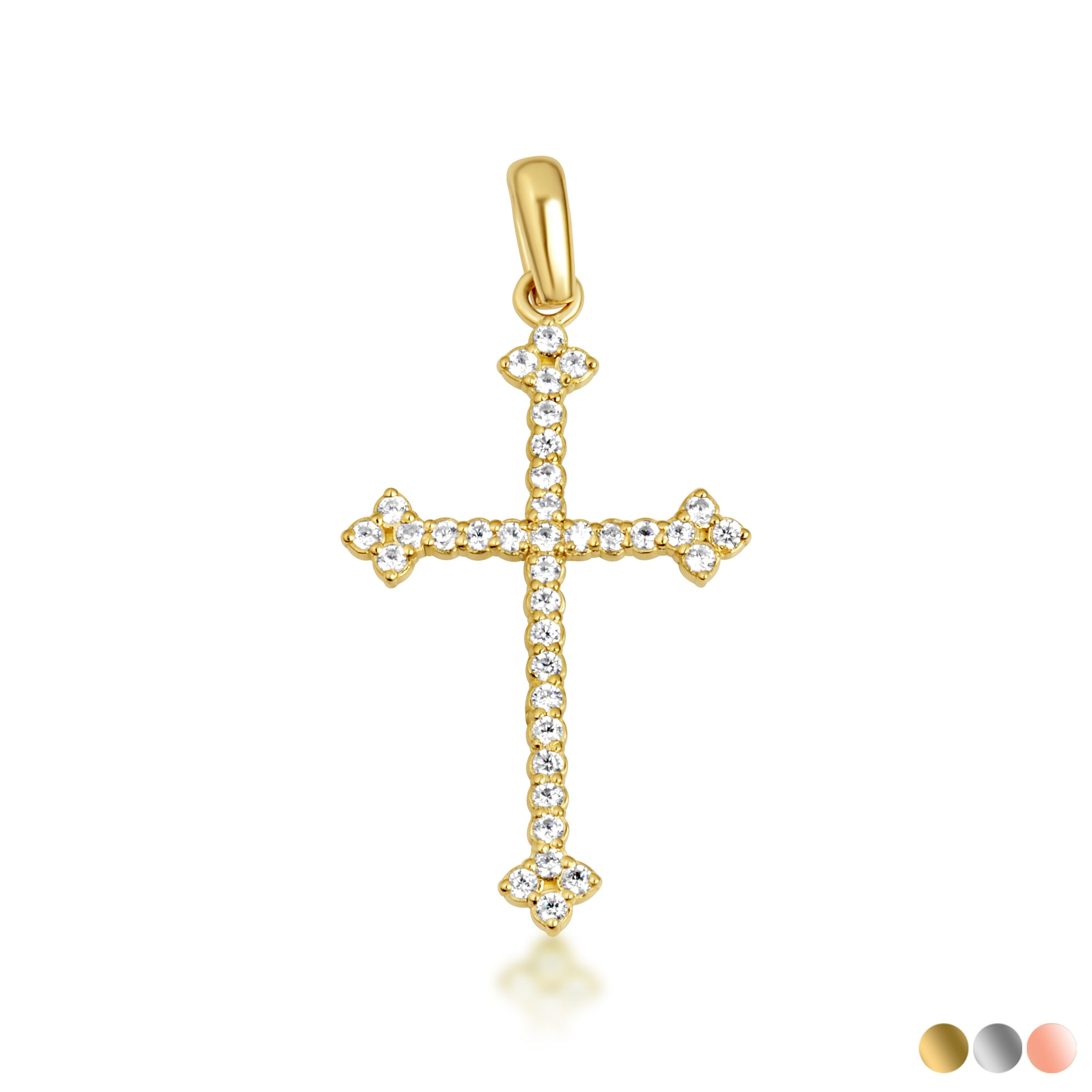 10K Gold Studded Botonee Budded Cross Pendant Necklace