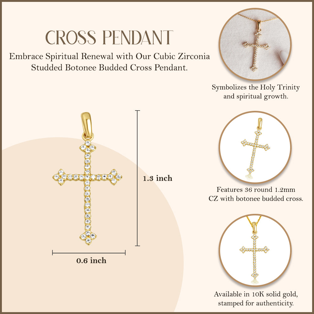 10K Gold Studded Botonee Budded Cross Pendant Necklace, view 5