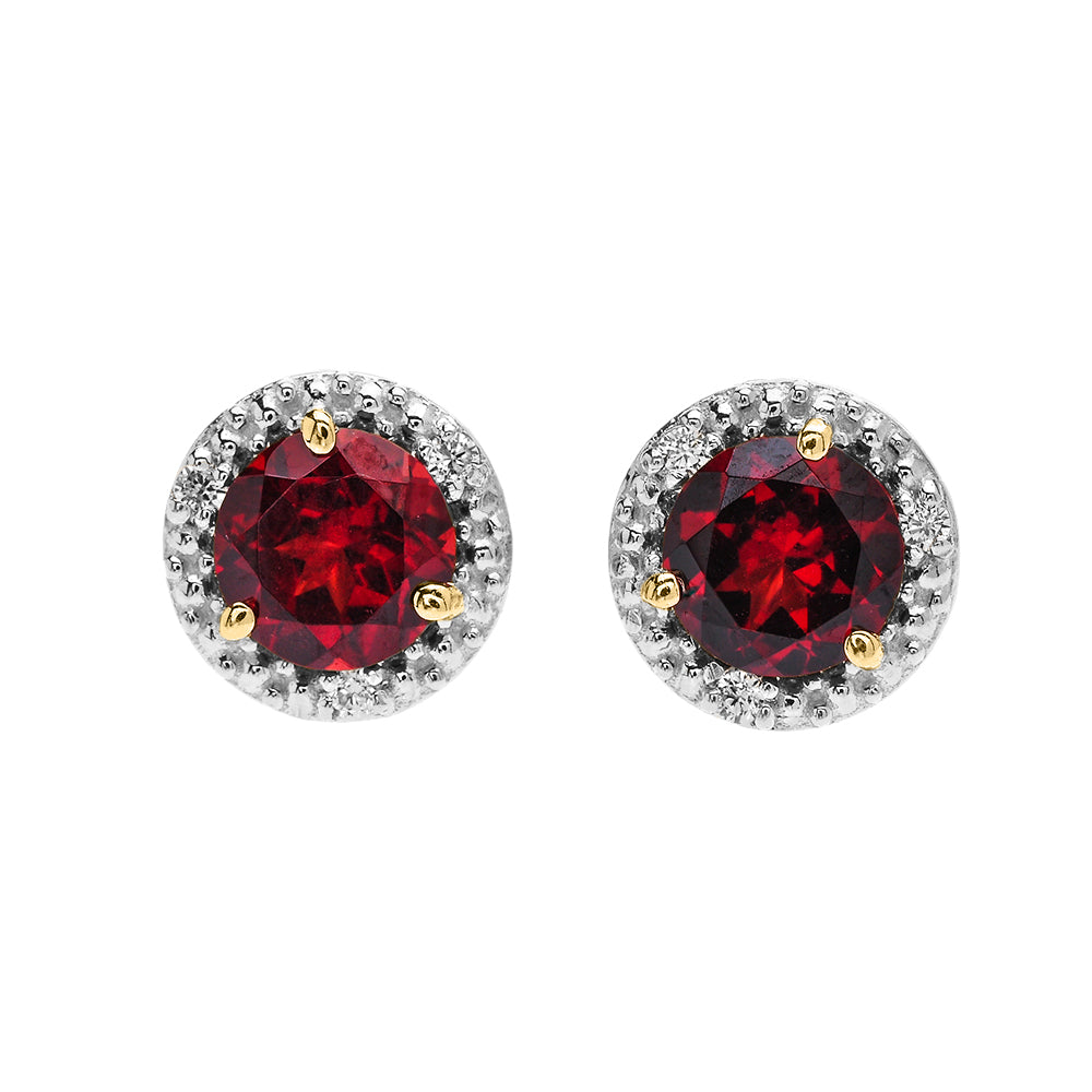 10K Halo Stud Earrings in Two-Tone Yellow Gold with Solitaire Garnet and Diamonds