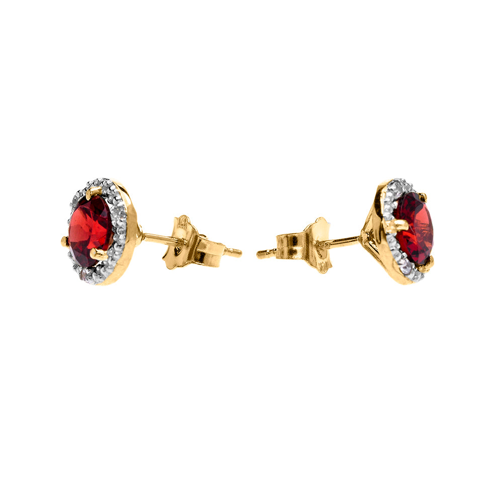 10K Halo Stud Earrings in Two-Tone Yellow Gold with Solitaire Garnet and Diamonds, view 2