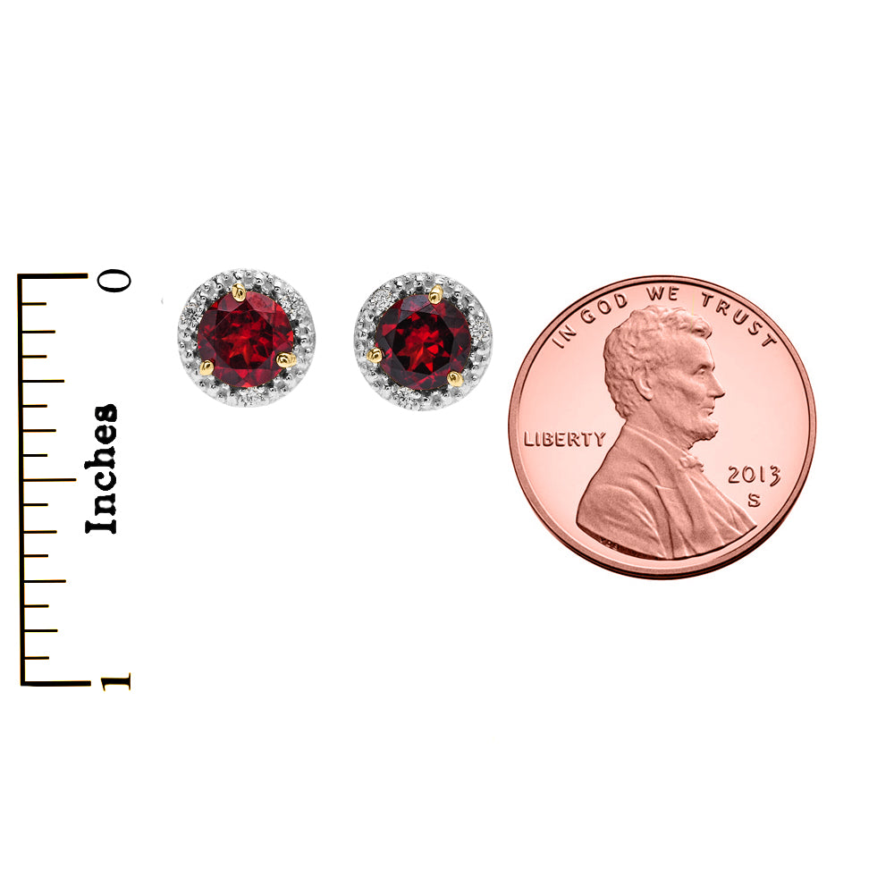10K Halo Stud Earrings in Two-Tone Yellow Gold with Solitaire Garnet and Diamonds, view 3