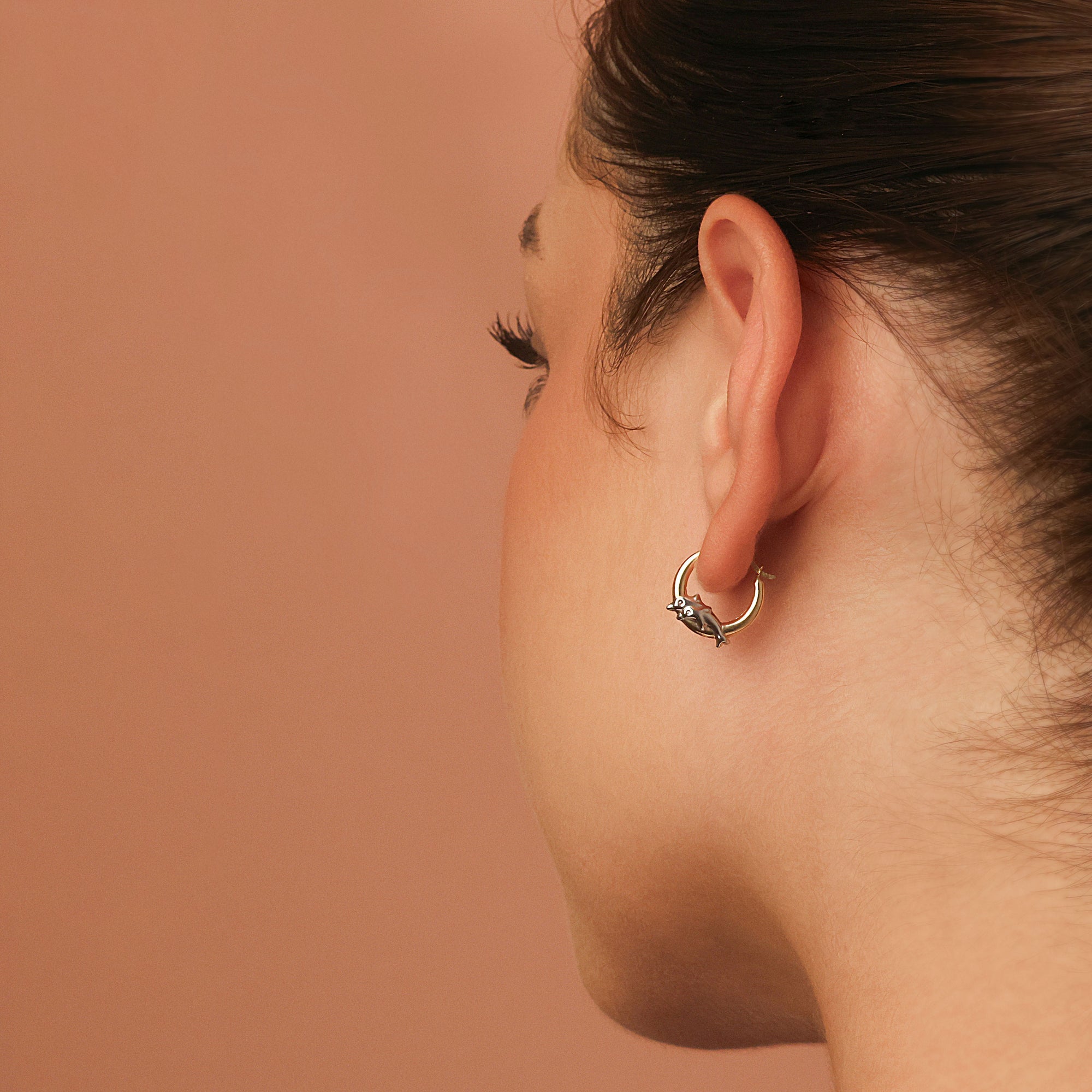 10K Two-Tone Gold Dolphin Hoop Earrings, view 2