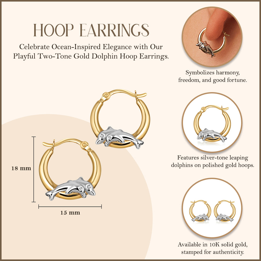 10K Two-Tone Gold Dolphin Hoop Earrings, view 3