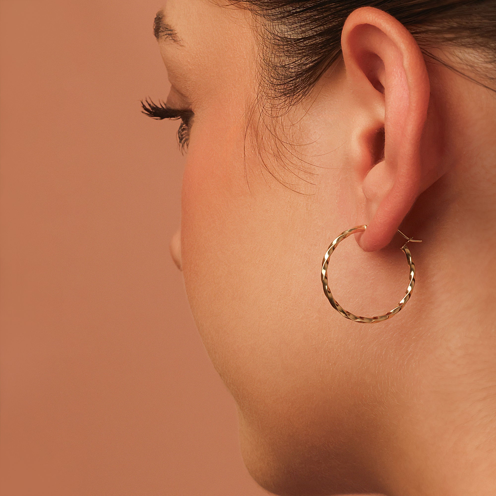 10K Yellow Gold Twisted Hoop Earrings, view 2