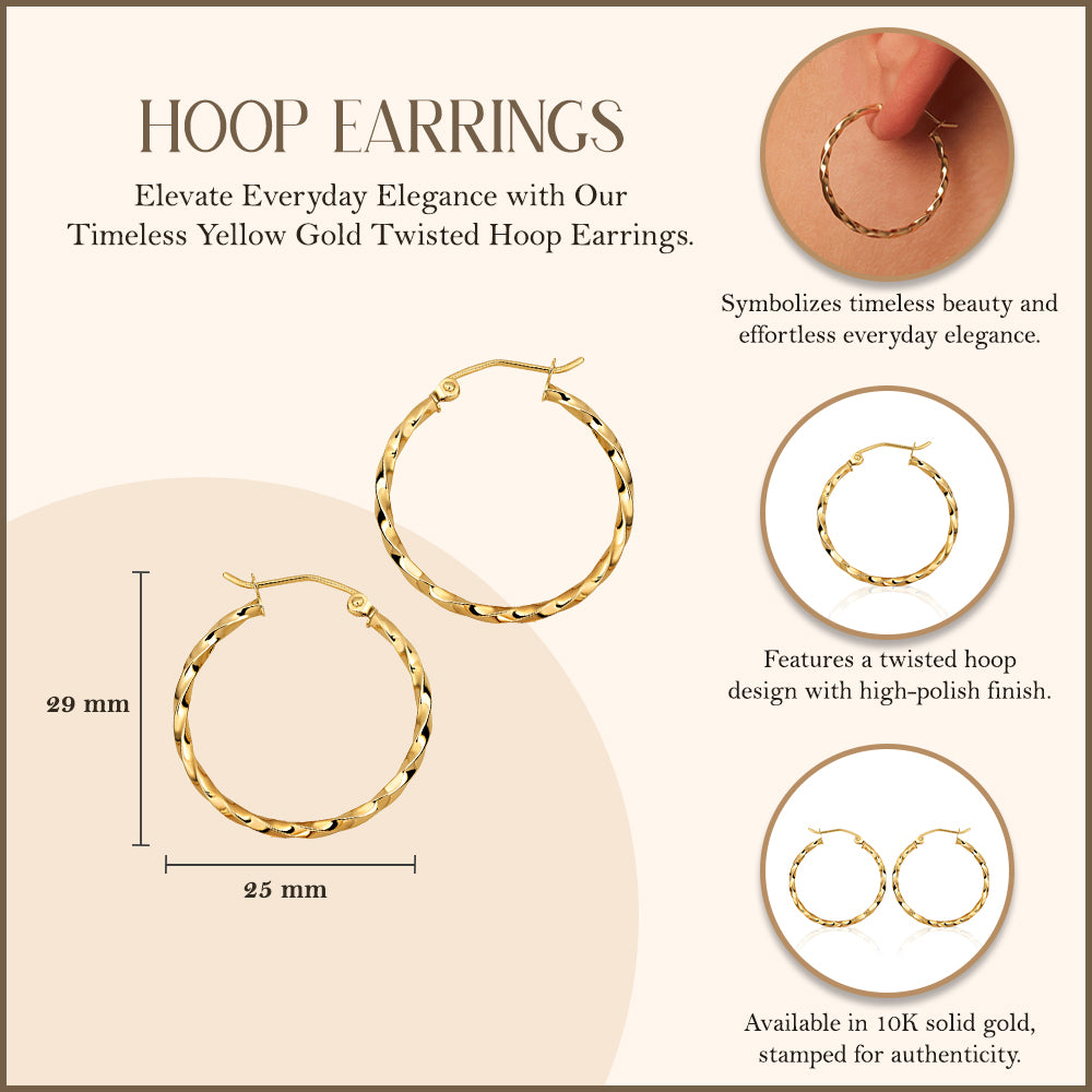 10K Yellow Gold Twisted Hoop Earrings, view 3