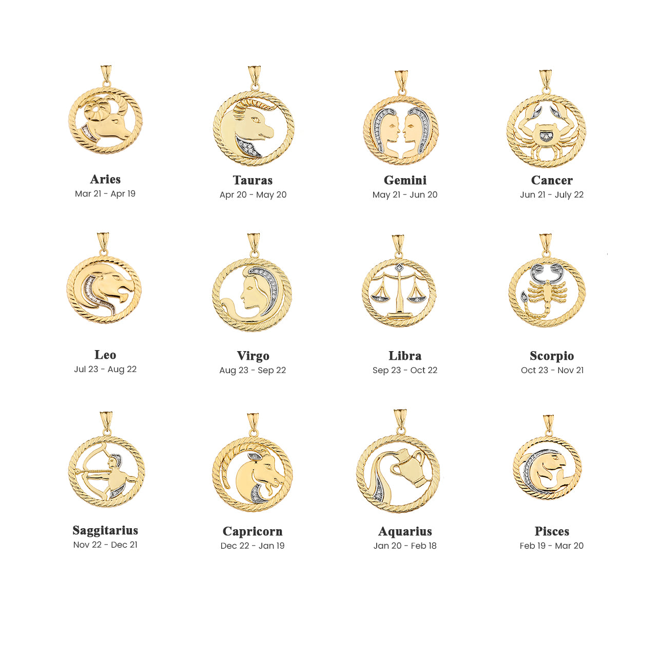 12 Gold Astrological Diamond Zodiac in Rope Pendant Necklace, view 4