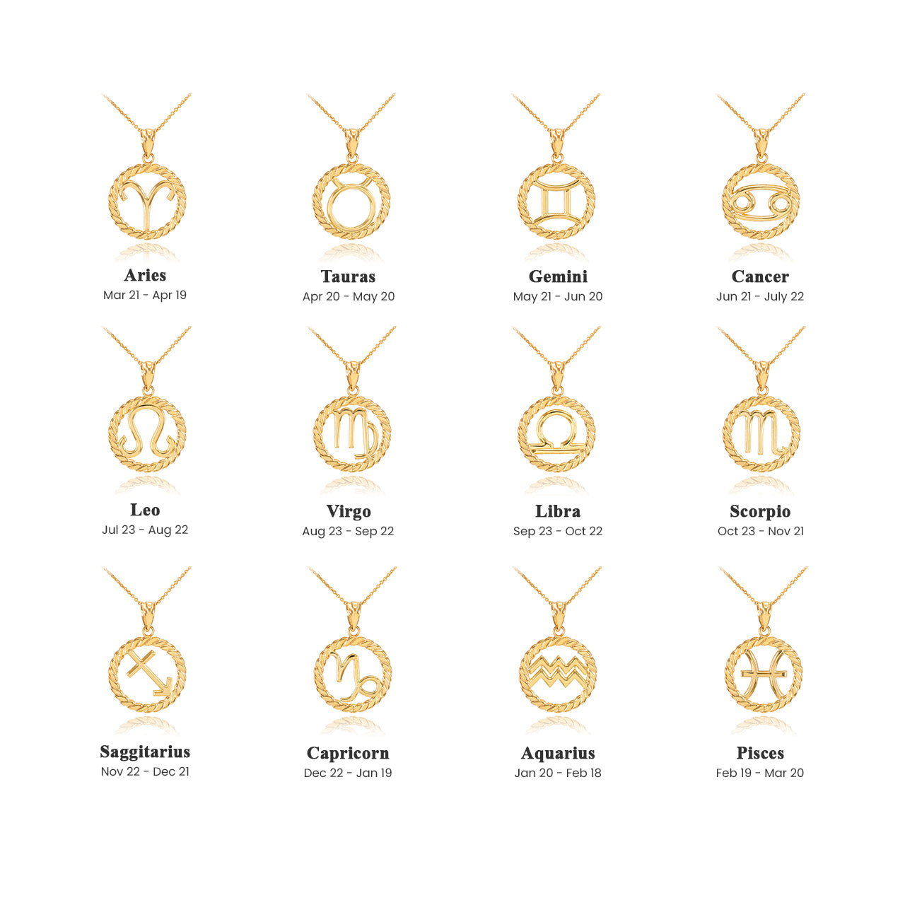 12 Gold Astrological Zodiac Sign in Circle Rope Pendant Necklace, view 2