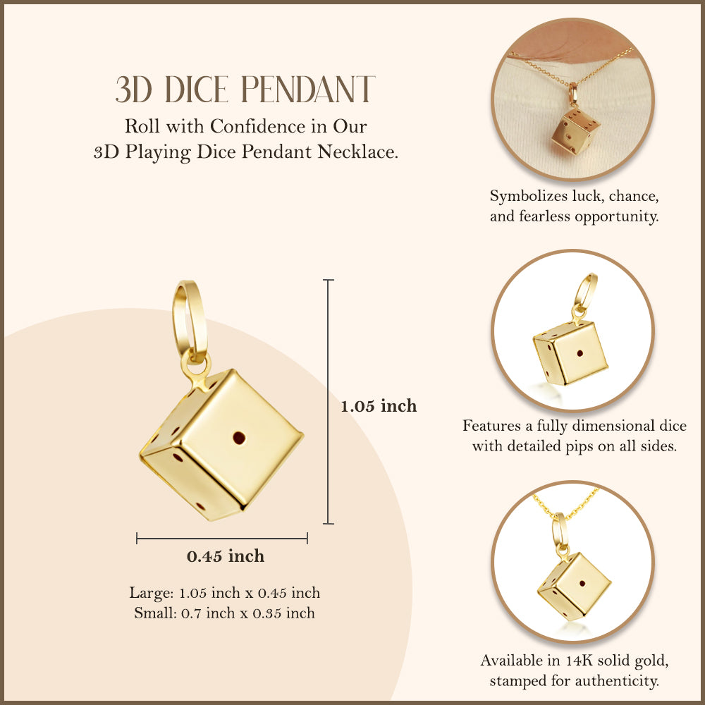 14K Gold 3D Playing Dice Pendant Necklace, view 4