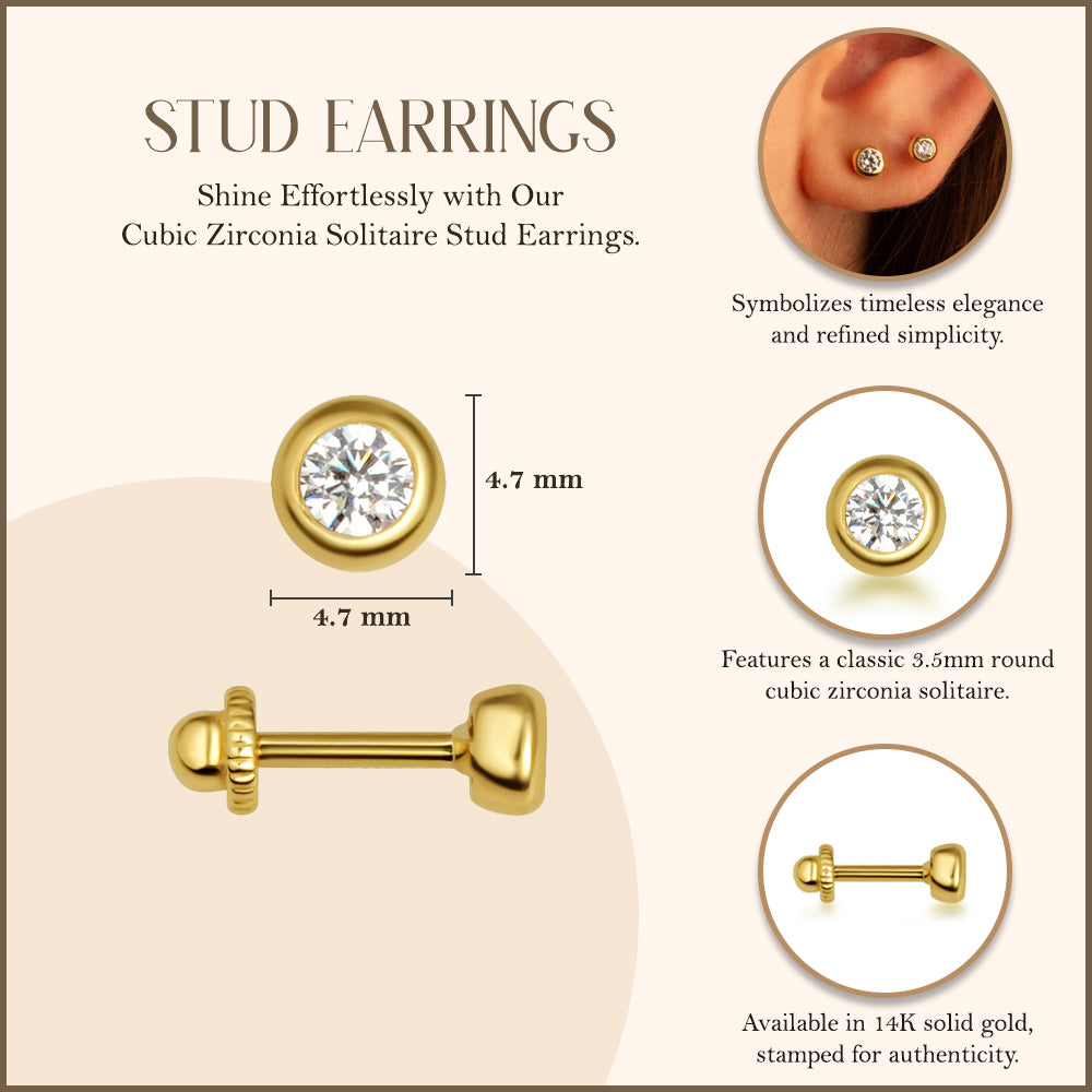 14K Gold 4.3 mm Bezel Set Cubic Zirconia Solitaire Stud Earrings, view 3