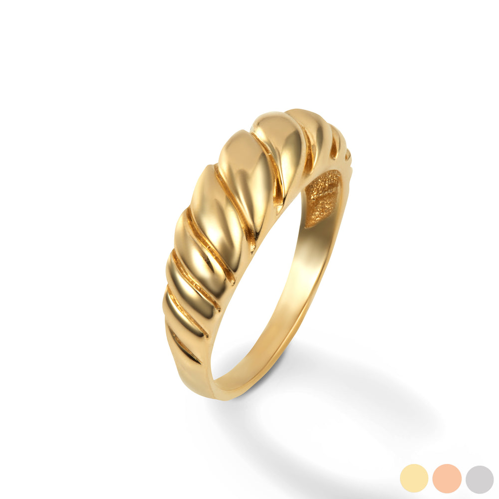 Ribbed croissant ring in solid 14K yellow gold, angled view