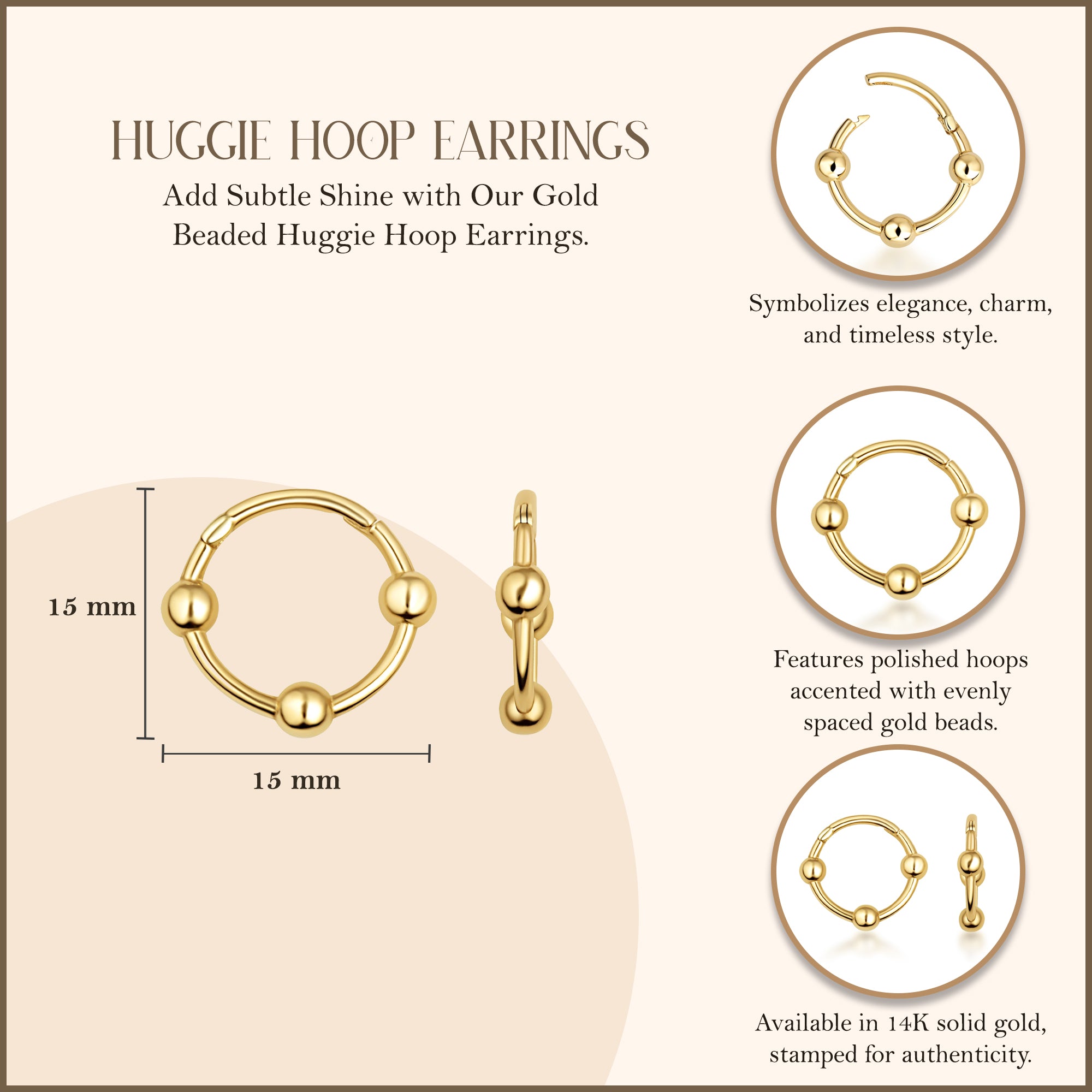 14K Gold Beaded Huggie Hoop Ear Cuff Earrings, view 2