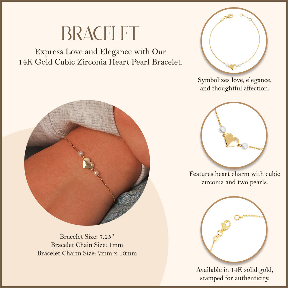 14K Gold Cubic Zirconia Heart Pearl Bracelet, view 3