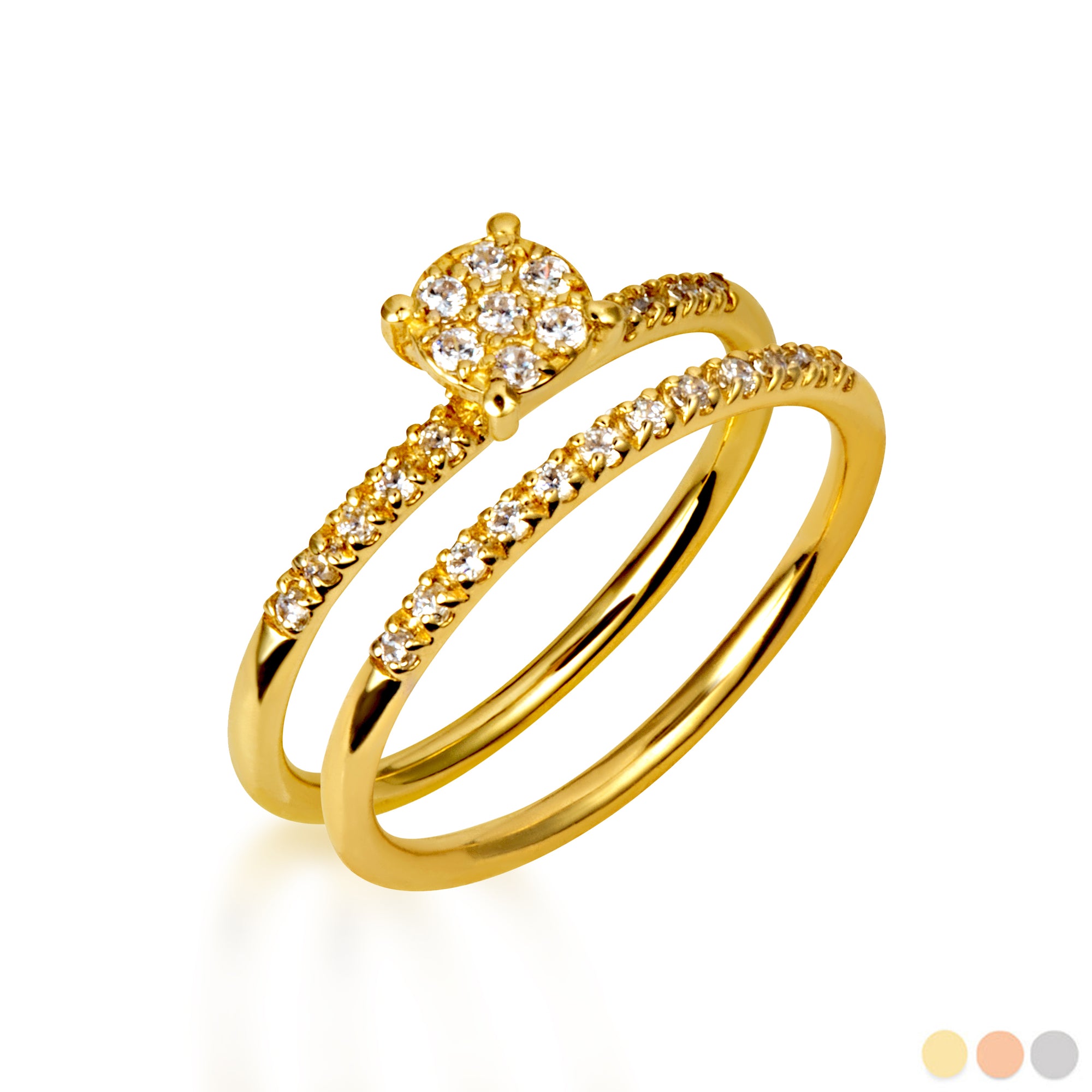 14K Gold Cubic Zirconia Pavé Set Wedding Band Ring Set