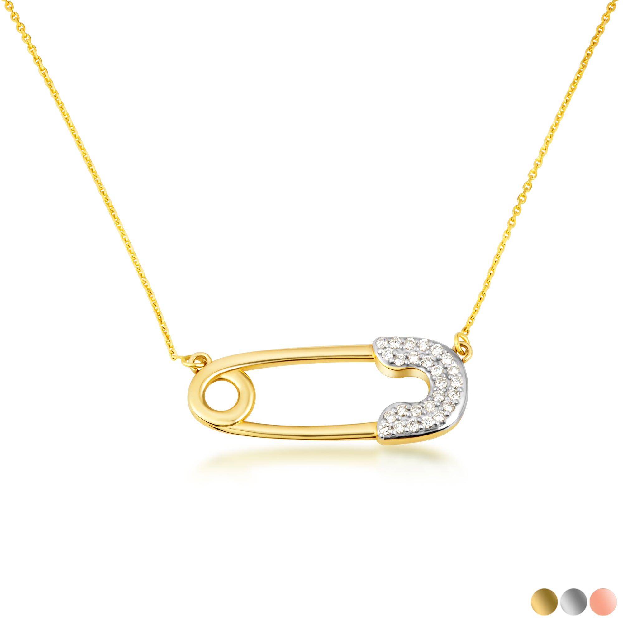 14K Gold Cubic Zirconia Safety Pin Pendant Necklace