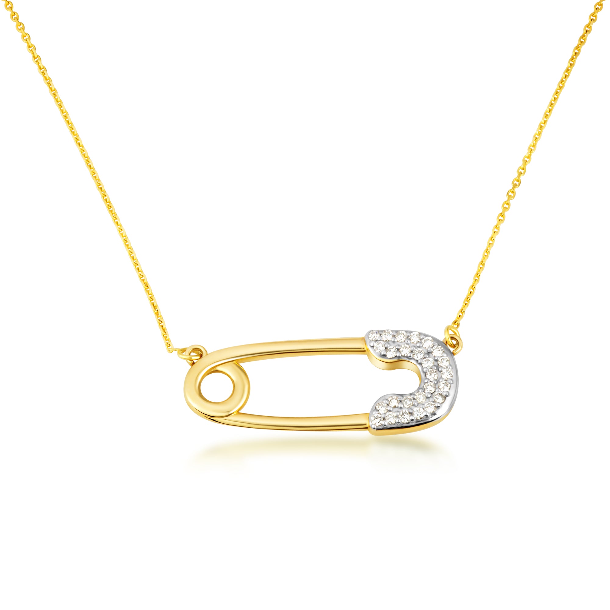 14K Gold Cubic Zirconia Safety Pin Pendant Necklace, view 3