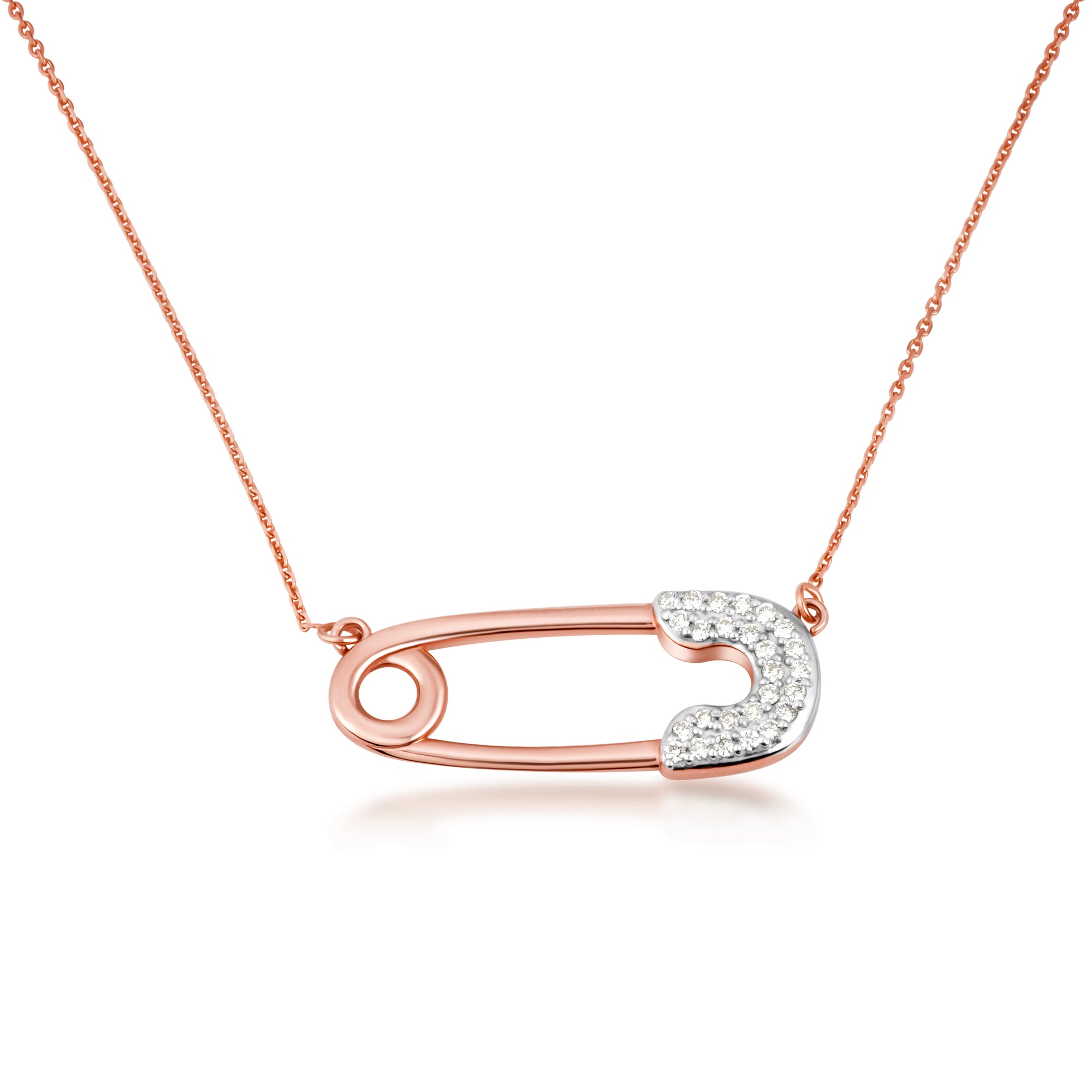 14K Gold Cubic Zirconia Safety Pin Pendant Necklace, view 5