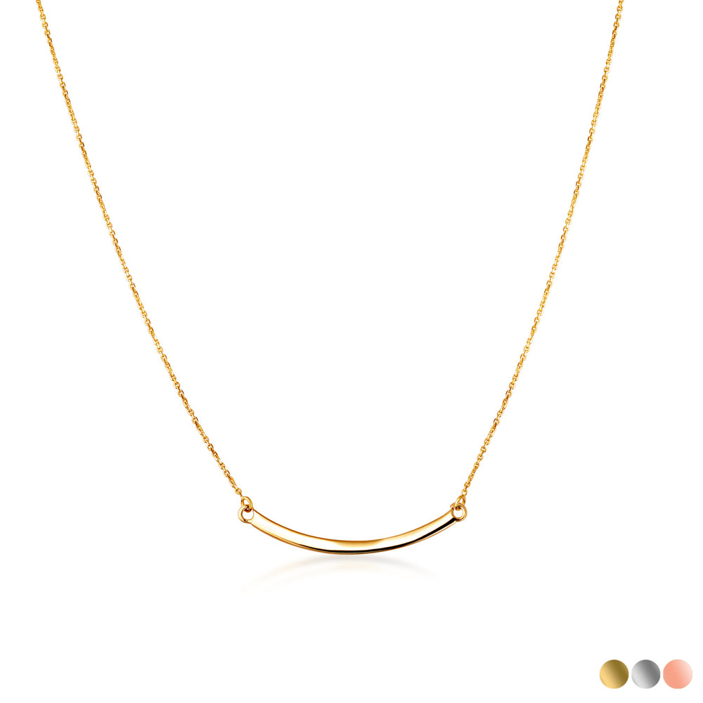 Curved bar necklace in solid 14K yellow gold, full view