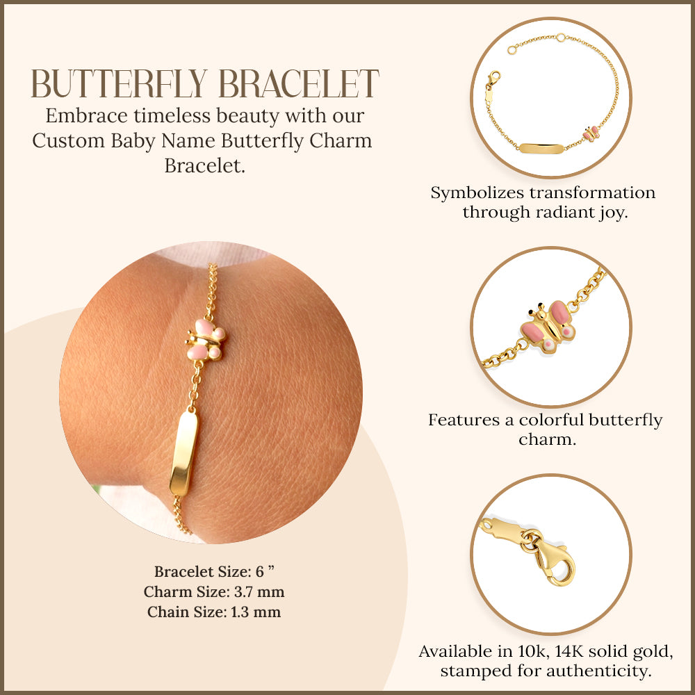 14K Gold Custom Baby Name Butterfly Charm Bracelet - Engravable Jewelry, view 3