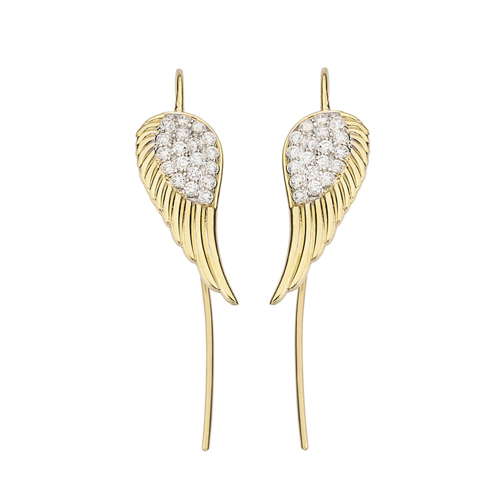 14K Gold CZ Threader Fish Hook Angel Wings Earrings