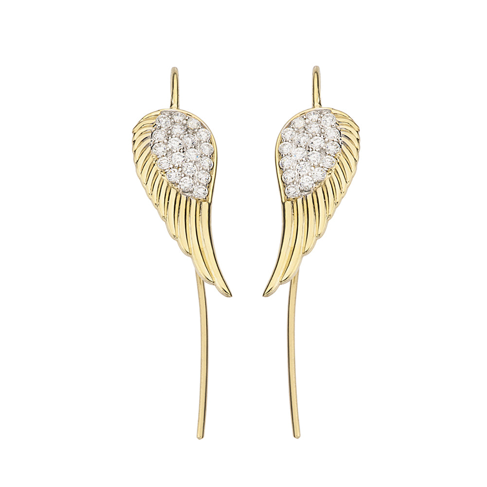 14K Gold CZ Threader Fish Hook Angel Wings Earrings