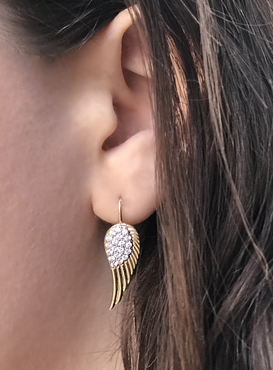 14K Gold CZ Threader Fish Hook Angel Wings Earrings, view 2
