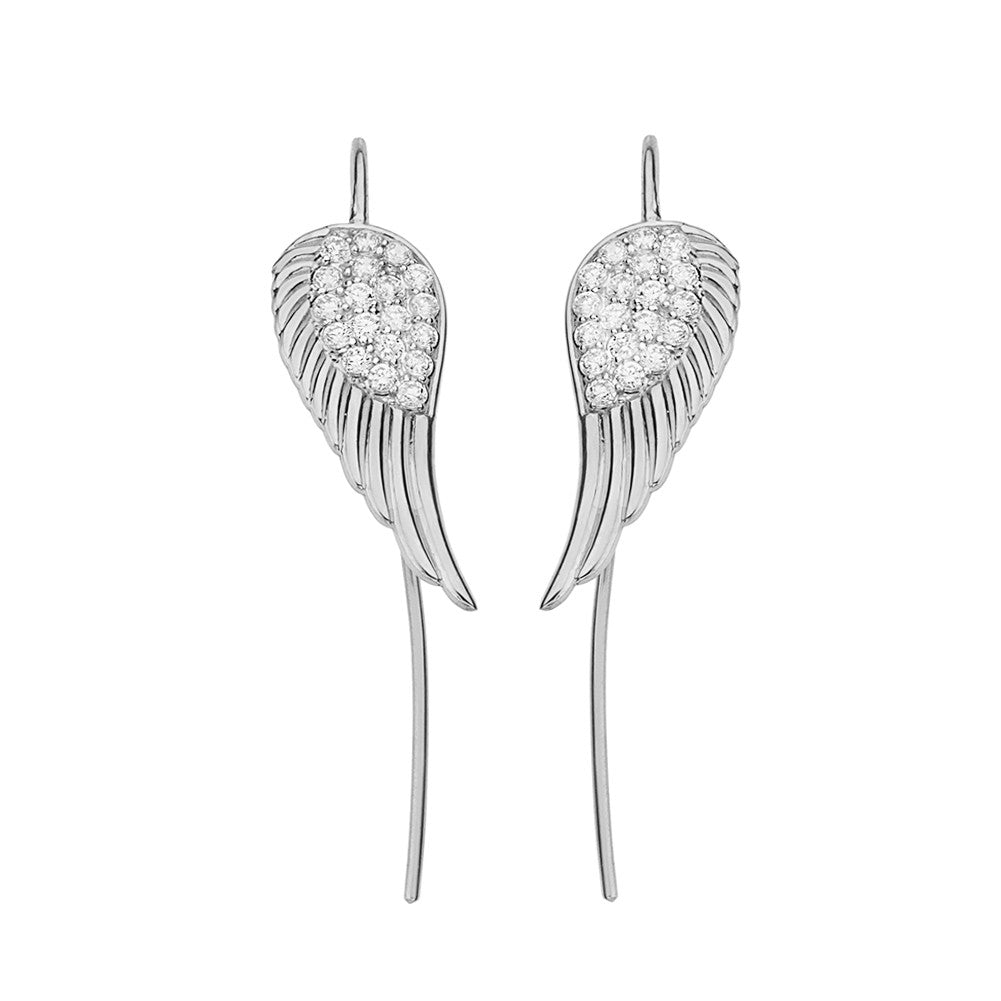 14K Gold CZ Threader Fish Hook Angel Wings Earrings, view 4