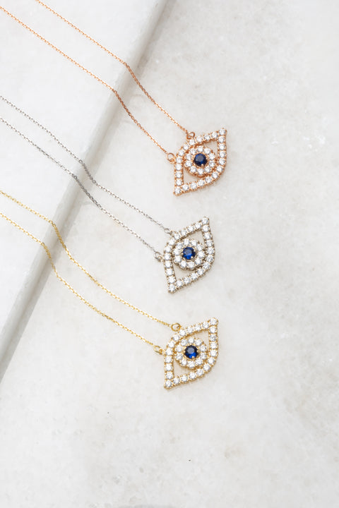 14K Gold Diamond and Sapphire Evil Eye Necklace, view 4